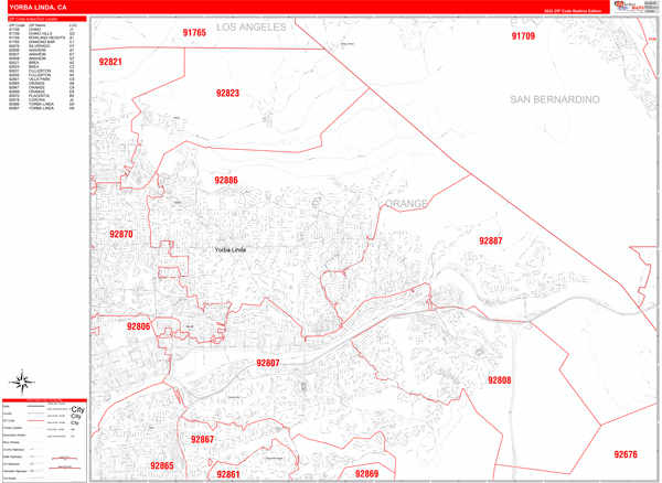 Yorba Linda City Wall Map Red Line Style